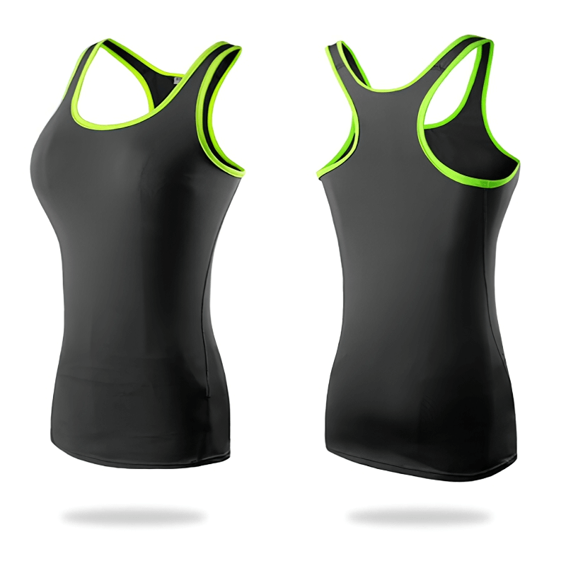 Front and back view of elastic women's gym tank top with neon accents, ideal for workouts and sports. Product code: SF0082.